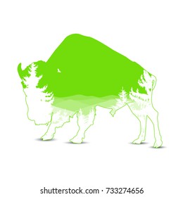 Silhouette of bison with hills and coniferous wood in green and white tones. 