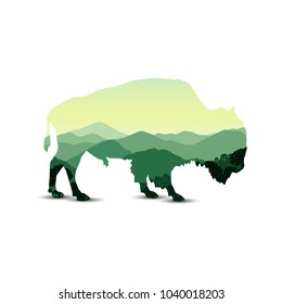 Silhouette of bison with mountain hills. 