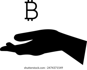 Silhouette of bitcoin sign above an outstretched hand. Vector illustration in black color. Transparent background