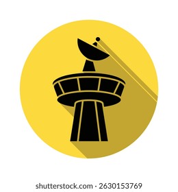 Silhouette of a black airport control tower with radar dish, set against a solid yellow circular background. The icon casts a long shadow to the right.