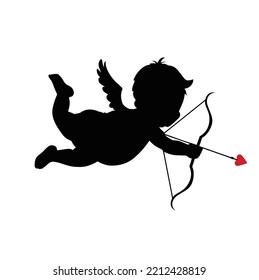 Silhouette black amour cupid baby, symbol ancient mythology angle holding bow and arrow isolated on white background for decorate on valentine's day, Vector illustration.