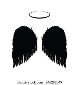 Silhouette of black angel wings and halo on a white background. Vector feathers silhouette design element.