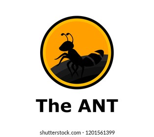Silhouette of black ant small animal stand on land under sun logo design idea concept in circle shape as shield