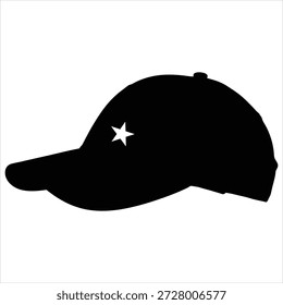 Silueta de una gorra de béisbol negra con un Pequeño emblema de estrella blanca, aislado contra un fondo blanco liso.