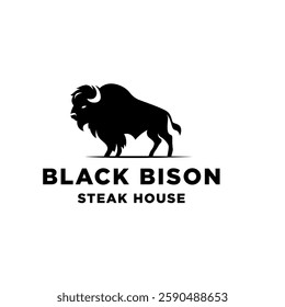 Silhouette Black Bison Bull Buffalo For Meat BBQ steak logo design