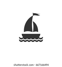 Silhouette of black boat with two sails and little waving flag on the top. Logo isolated on white background. Summertime  marine icon. Vector illustration.