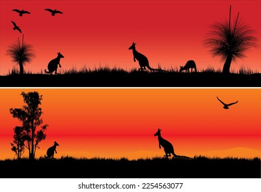 Silhouette of black boy tree and gum trees at sunset with kangaroos. Vector illustration.