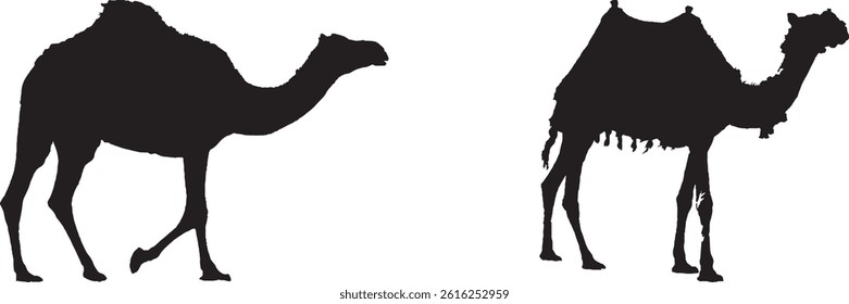 silhouette, black camels, desert animals, minimalist design, profile view, three camels, monochrome illustration, simple shapes, graphic art style, white background