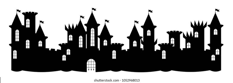 Silhouette Black castle Panorama of the old town. Medieval castle, towers, fences, walls, gates, isolated on white background vector illustration