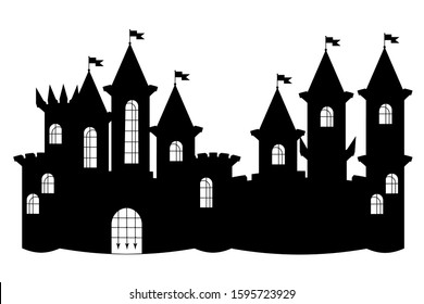 Silhouette Black castle Panorama of the old town. Medieval castle, towers, fences, walls, gates, isolated on white background  vector illustration