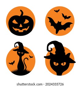 The silhouette of a black cat and bats. Halloween sticker.