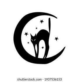 Silhouette of a black cat and a crescent moon, boho tattoo for a witch, fabulous illustration for Halloween. Bohemian symbol of witchcraft. Simple flat vector illustration isolated on white background