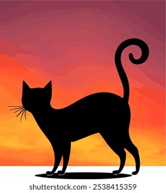 Silueta de un gato negro con una cola rizada contra un cielo rojo vivo y naranja. Perfecto para temas de Naturaleza, misterio y Diseños animales minimalistas.