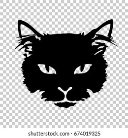 Silhouette black cat face print tattoo isolated on transparent background.