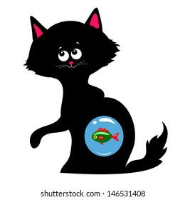silhouette of a black cat with fish inside on a white background