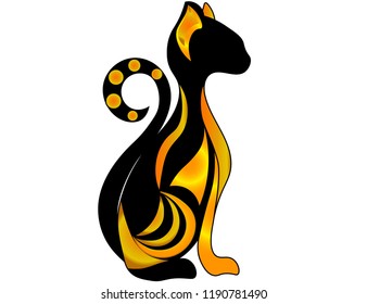 Silhouette of a black cat with gold elements.