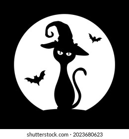 The silhouette of a black cat in a hat with bats under a full moon.