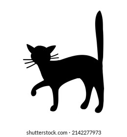 Silhouette of a black cat highlighted on a white background. Simple style. The animal stands sideways with its tail and paw raised. Vector.