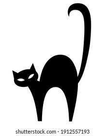 Silhouette of a black cat isolated on white background. Simple style. The animal stands sideways with its tail raised. Vector.