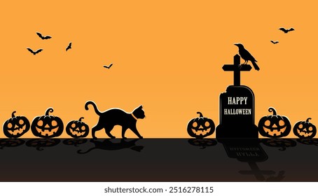 Eine Silhouette aus einer schwarzen Katze, Jack-o'-Laternen, Fledermäusen und einem Grabstein unter einem dunkelorangen Halloween-Himmel, Inhalte wurden mit Vektorgrafik-Tools und Software erstellt, nicht von AI generiert