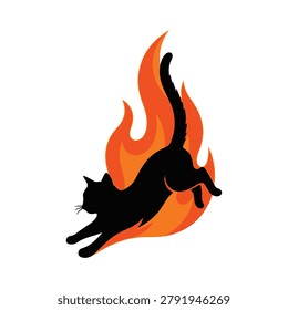 Silhouette of a black cat leaping through vibrant orange and red flames, dynamic and mysterious illustration.
