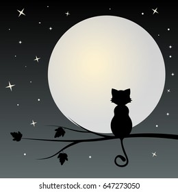 Silhouette of black  cat on the tree with full moon