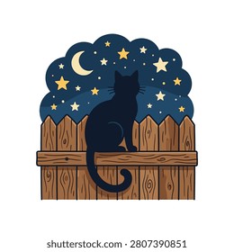 A silhouette of a black cat perched on a rustic wooden fence, looking out into the night sky.