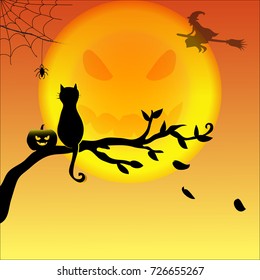 Silhouette of black cat and pumpkin against big devil shadow full moon and flying witch for Halloween background