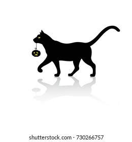 Silhouette of a black cat with a pumpkin for halloween