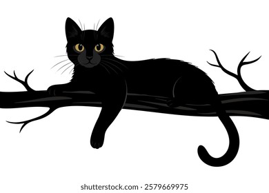 Silhouette of a Black Cat Resting on a Tree Branch