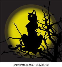 Silhouette of a black cat sitting on a tree. The moon is full. Halloween. Mystic. Vector.