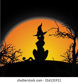 Silhouette of a black cat sitting on top of a hill in a dark forest. Mystic. Halloween. Vector.