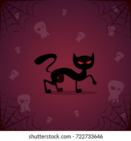 Silhouette Black Cat And Skull Happy Halloween Banner Holiday Decoration Horror Party Greeting Card Flat Vector Illustration