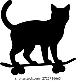 Silhouette of a black cat standing confidently on a skateboard in profile for urban design on a transparent background