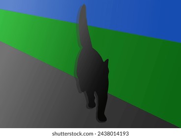 Silhouette of black cat waking along a street with green and blue background. Illustration made March 15th, 2024, Zurich, Switzerland.
