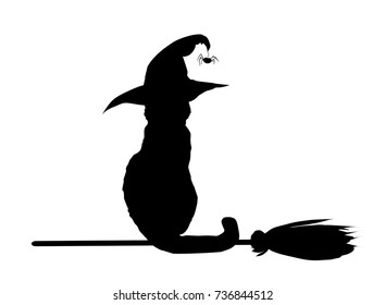 Silhouette of black cat in witch hat sitting on broomstick isolated on white background. Vector illustration. Clip art. 