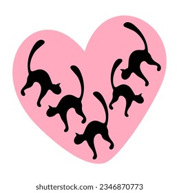 Silhouette of black cats against the background of heart in trendy pink hue. National Black Cat Day