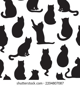 Silhouette black cats on a white background. Vector seamless pattern with pets. Can be used for pet shop, wallpaper, nursery ets