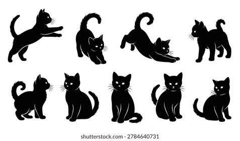 Silhouette of black cats playing sitting