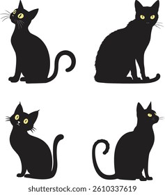 Silhouette Black Cats with Yellow Eyes Vector Set Collection