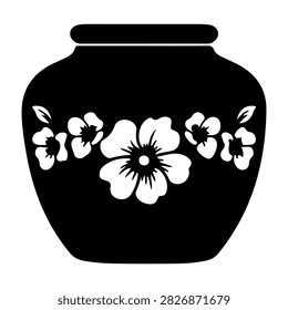 Silhouette of a black ceramic pot decorated with white floral patterns, showcasing traditional craftsmanship and artistic design.