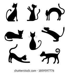 Silhouette Black Characters Cat Icon Set Various Types Cute Funny Kitty. Vector illustration of Cats Icons