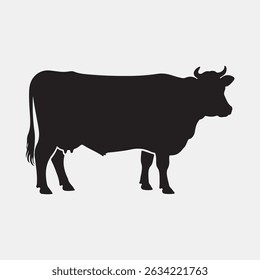 Silhouette of a black cow standing sideways on a white background ready for design use