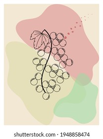 silhouette of black currant with a leaf on an abstract background of red, yellow and green colors in a white frame