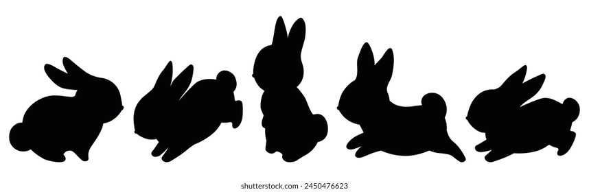 Silhouette black cute bunny. Cute cartoon rabbits. Funny hares, Easter bunnies. Standing, running, jumping poses. Set of flat cartoon vector illustrations isolated on white background. Outlines animal