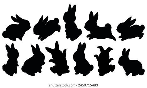 Conejito lindo negro de la silueta. Lindos conejos de dibujos animados. Divertidas liebres, conejitos de Pascua. De pie, corriendo, saltando poses. Conjunto de Ilustraciones vectoriales de dibujos animados aisladas sobre fondo blanco. Contornos de animales