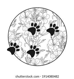Silhouette of black dog paws in circle with doodle abstract flowers and leaves. Vector hand drawn illustration, zentangle concept.