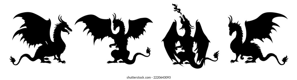 dragones negros de silueta con alas. dragón medieval. Ilustración vectorial aislada del fondo.