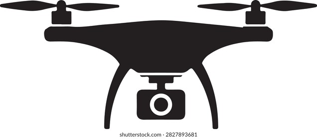 Silhouette of a black drone with four propellers and a mounted camera.