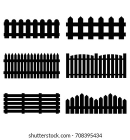 Silhouette Black Fence Icon Set Isolated On A White Background Barrier For Protection Garden, House And Farm Different Types. Vector Illustration Of Fences